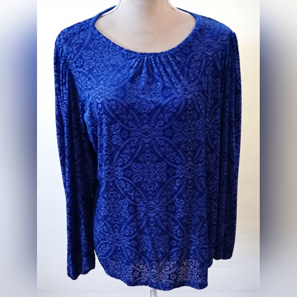 Loft Blue Velvet Burnout Full Sleeves Womans Large Balloon Semi Sheer Romantic